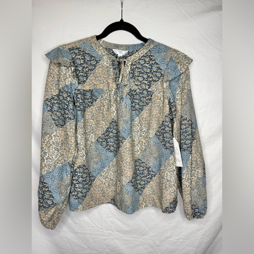 Time and Tru Blue and Cream Patchwork Blouse